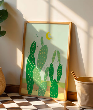 Desert cactus illustration with crescent moon