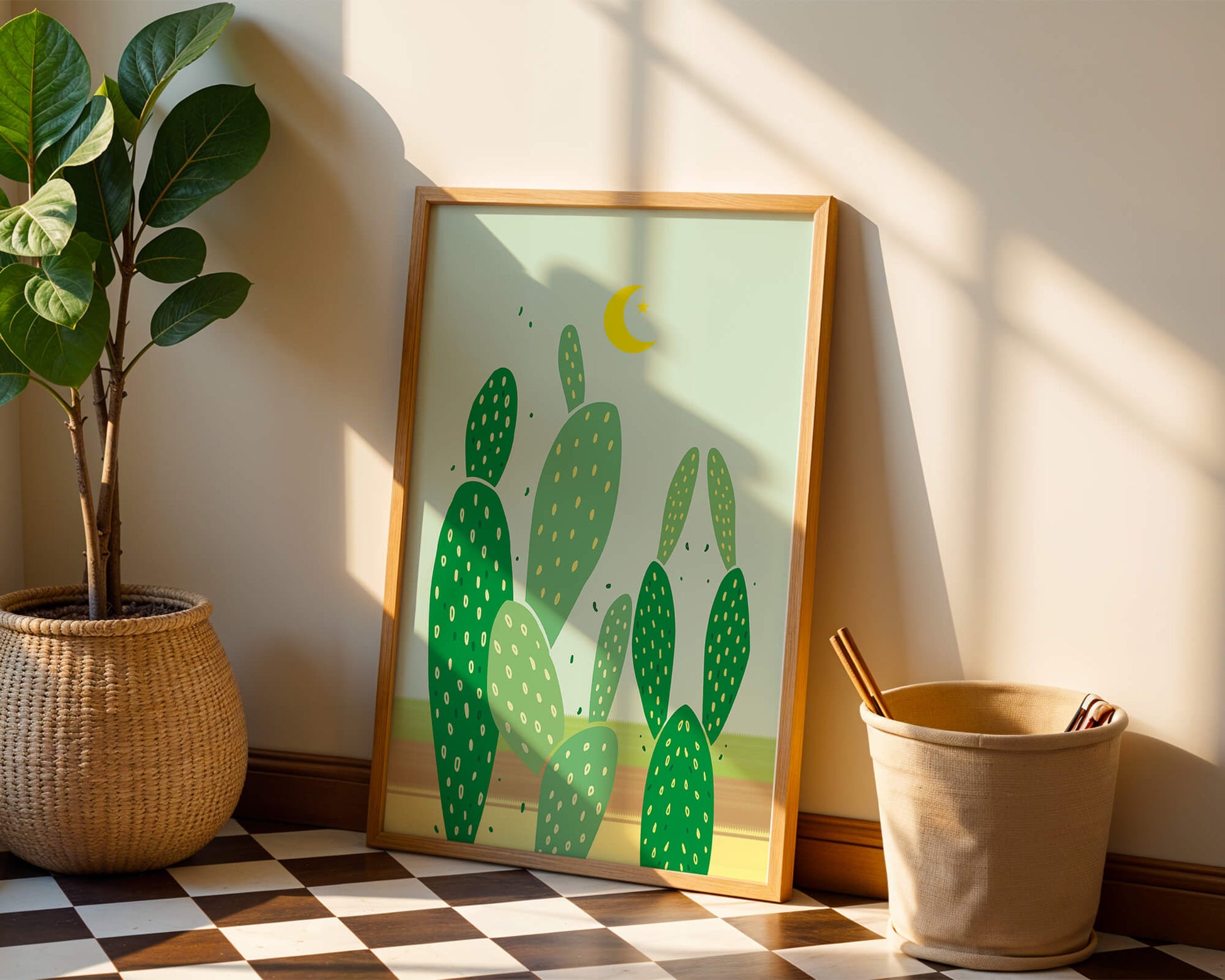 Desert cactus illustration with crescent moon