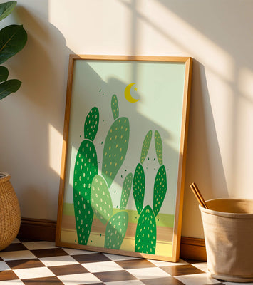 Desert cactus illustration with crescent moon