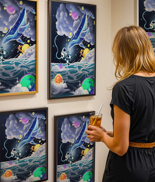 Astronaut Exploring a Surreal Cosmic Ocean with a Glowing Whale