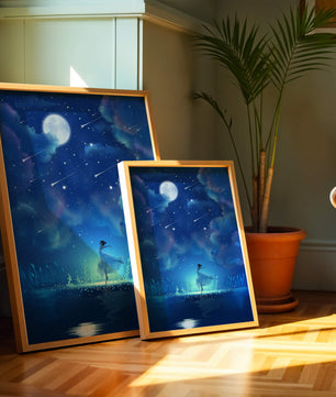 Cielo nocturno soñador con figura danzante y luz de luna brillante