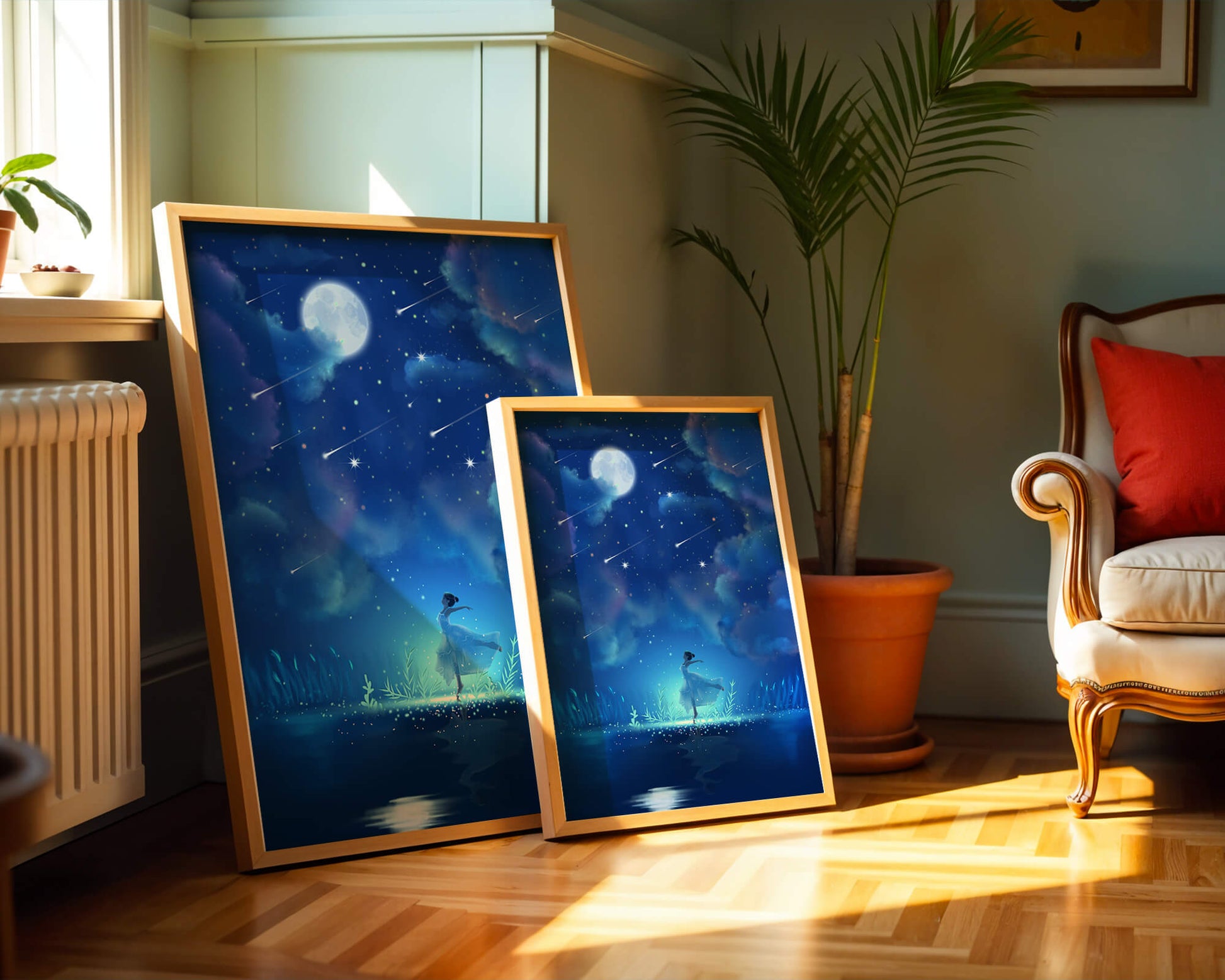 Cielo nocturno soñador con figura danzante y luz de luna brillante
