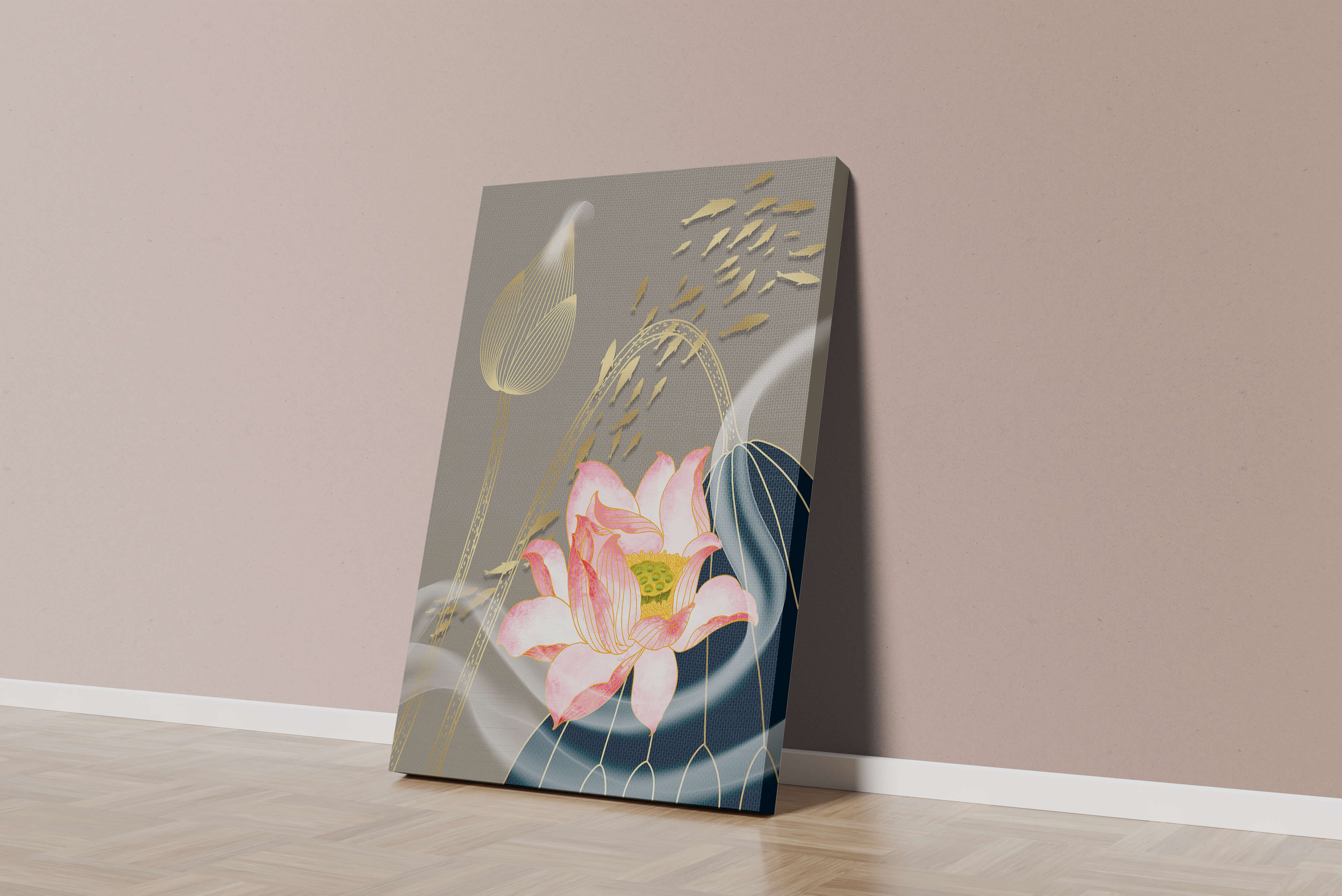 Elegant floral design with blooming lotus and golden fish accents