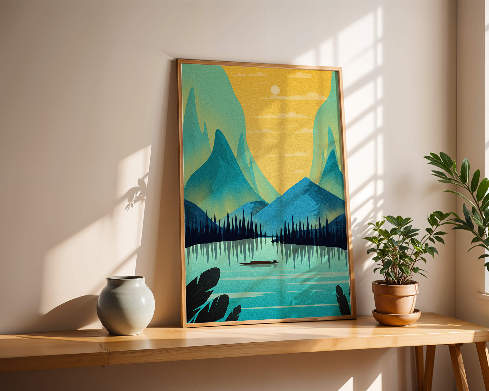 Serene lake landscape with mountains and sunset