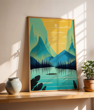 Serene lake landscape with mountains and sunset