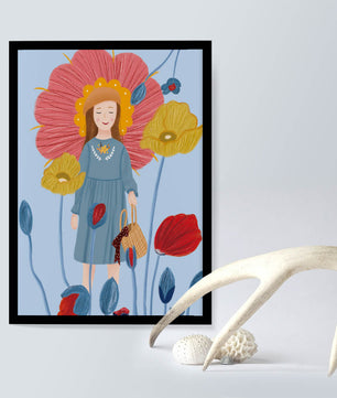 Fille dans un pays des merveilles fleuri avec des couleurs pastel et des fleurs vibrantes