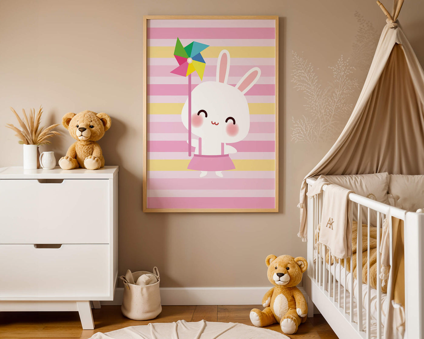 Adorable bunny with pinwheel on pastel striped backdrop
