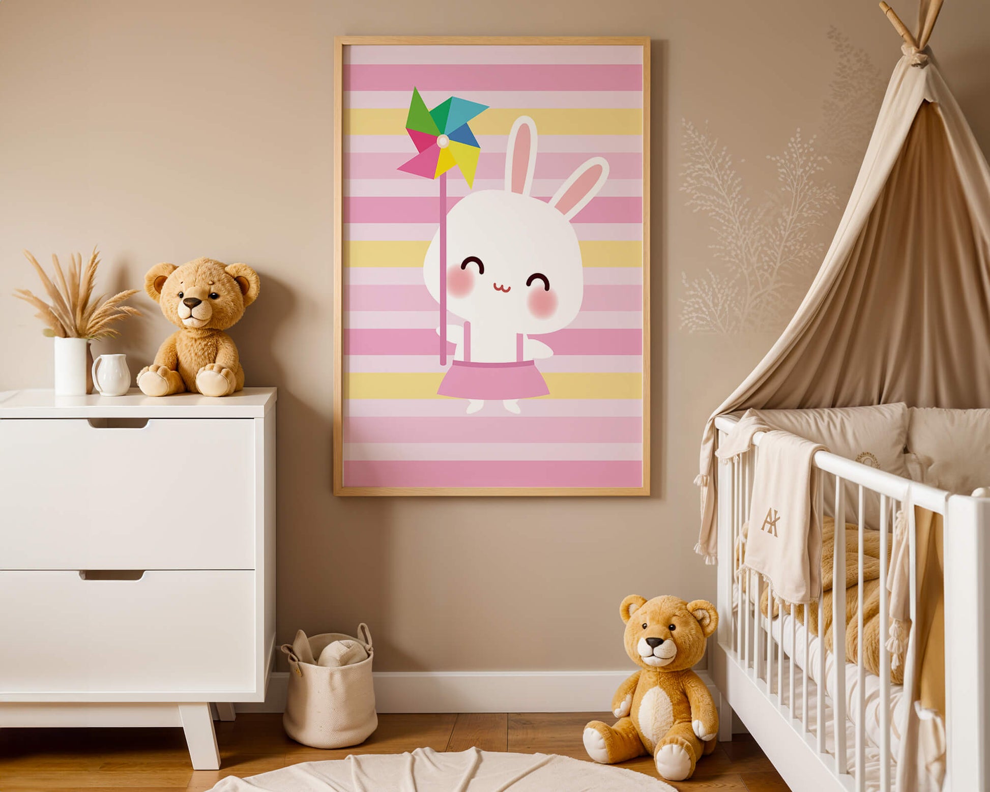 Adorable bunny with pinwheel on pastel striped backdrop