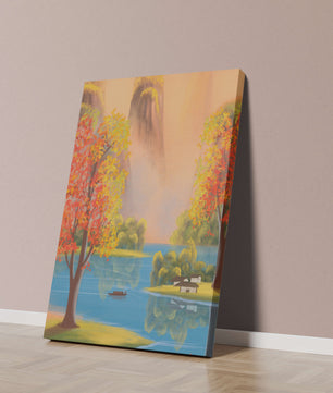 Paysage d'automne avec des arbres vibrants au bord d'un lac serein