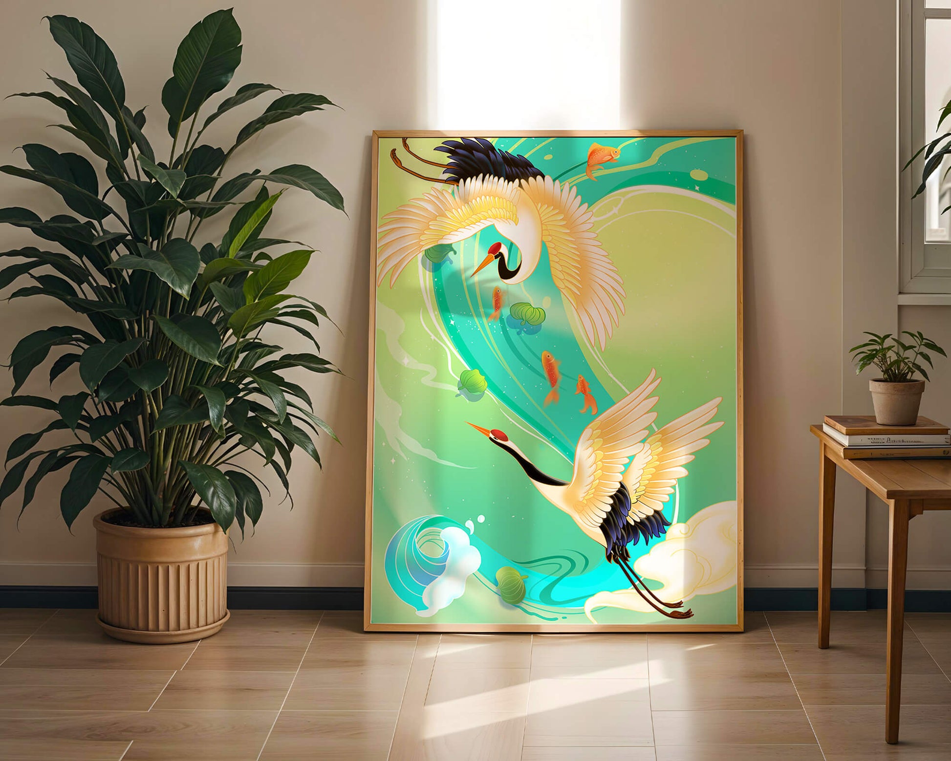 Elegante Kraniche und Fische in einer lebendigen Wasserszene