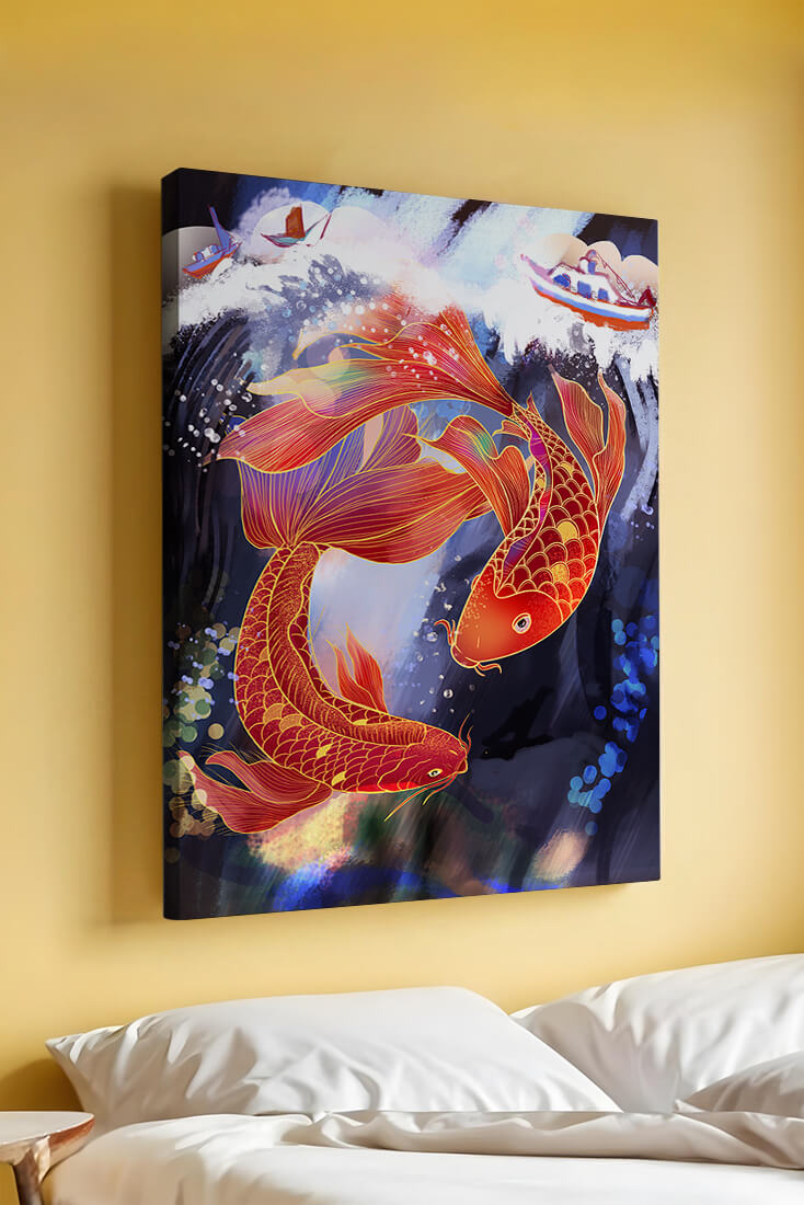 Representación artística de peces koi nadando con barcos en colores vibrantes.