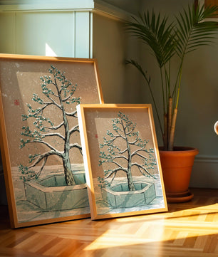 Paisaje invernal con ilustración de árbol bonsái cubierto de nieve