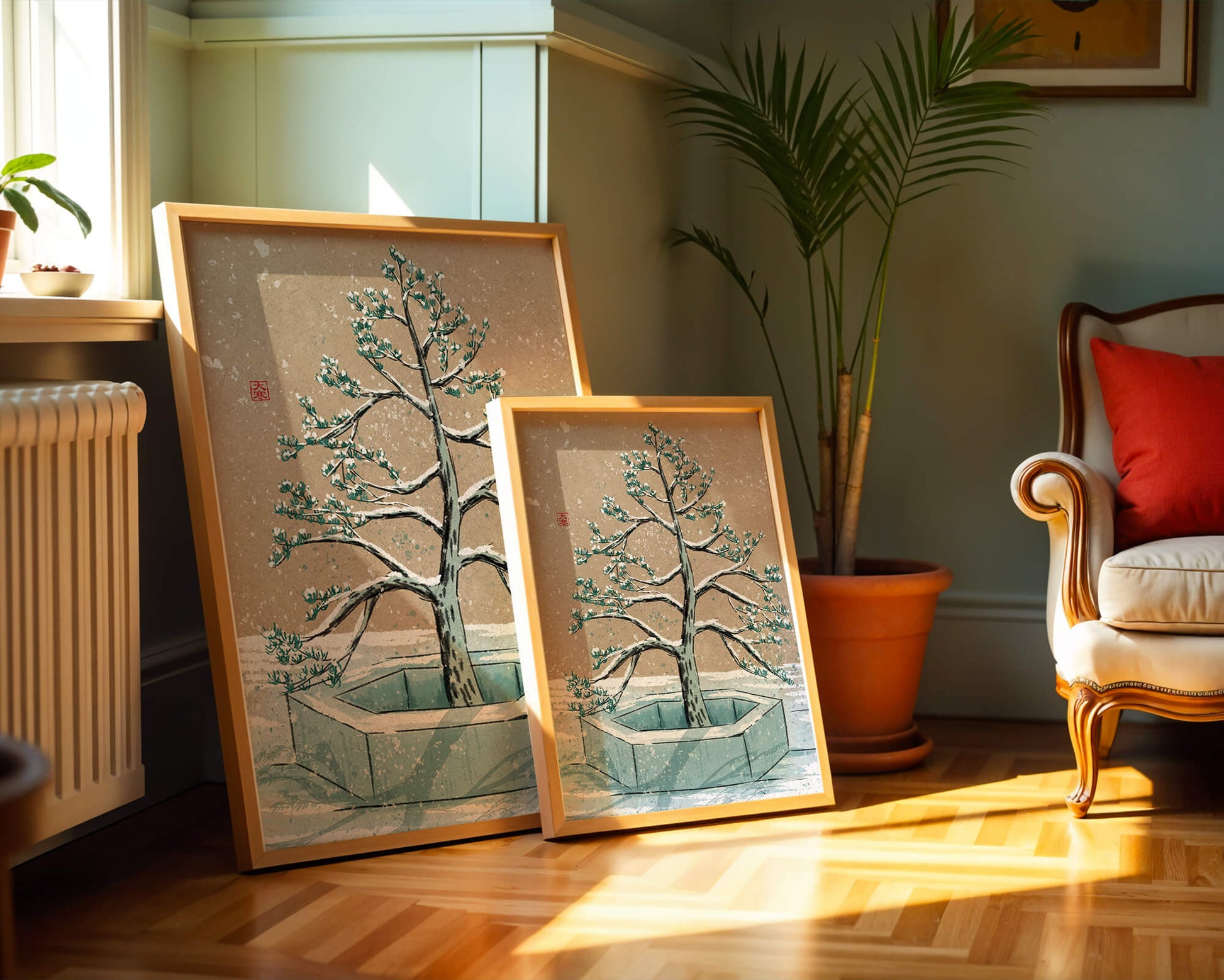 Paisaje invernal con ilustración de árbol bonsái cubierto de nieve
