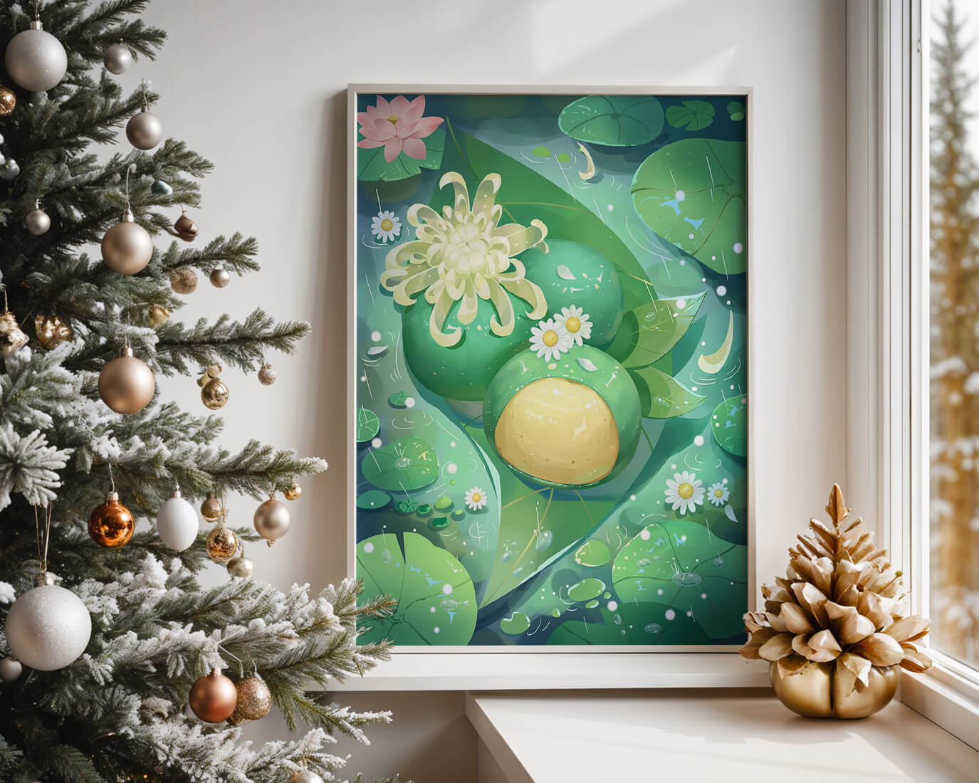 Lush aquatic scene with lotus flowers and green leaves