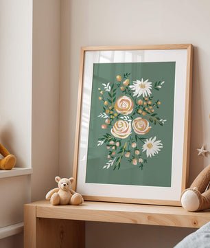 Floral illustration with roses and daisies on green background