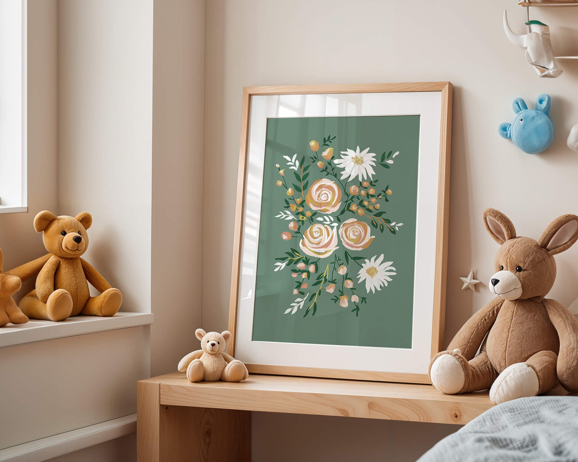 Floral illustration with roses and daisies on green background