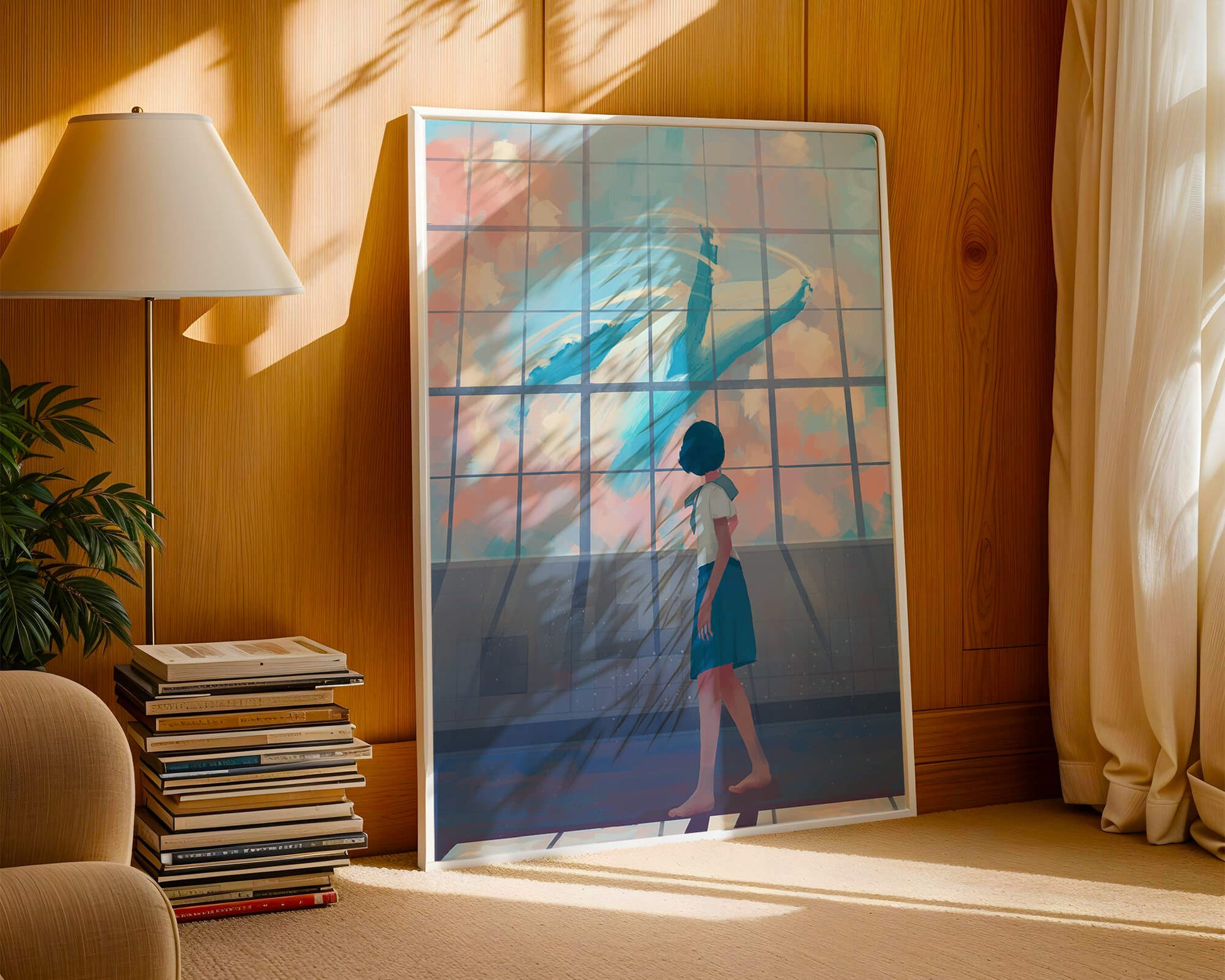 Young girl looking at a giant whale through a large window