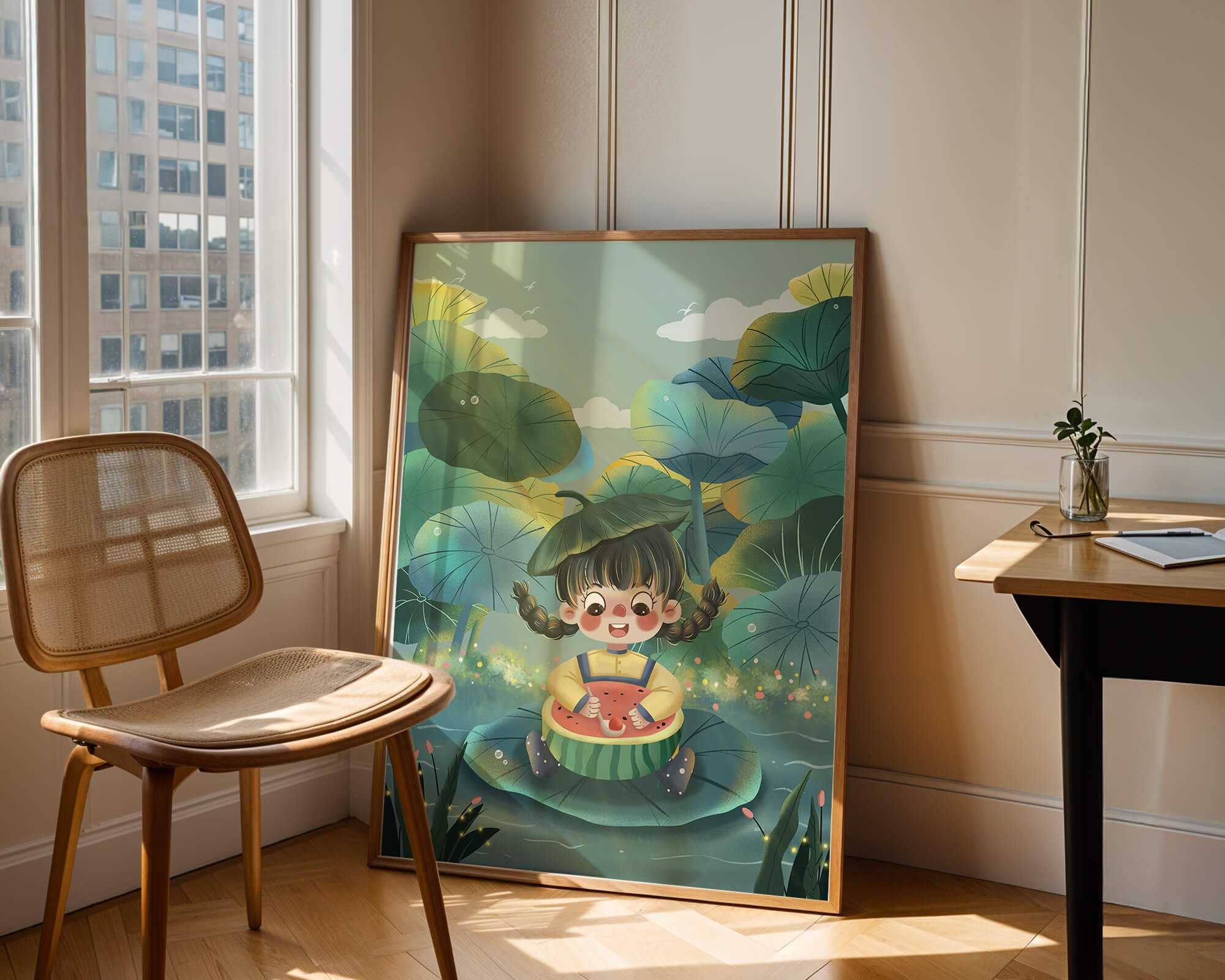 Charming illustration of a child enjoying watermelon amidst whimsical nature