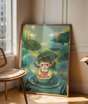 Charming illustration of a child enjoying watermelon amidst whimsical nature