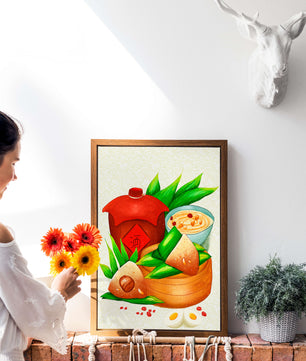 Illustrated traditional Chinese food with zongzi and rice wine