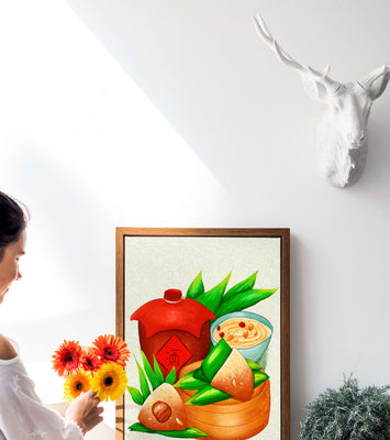 Illustrated traditional Chinese food with zongzi and rice wine