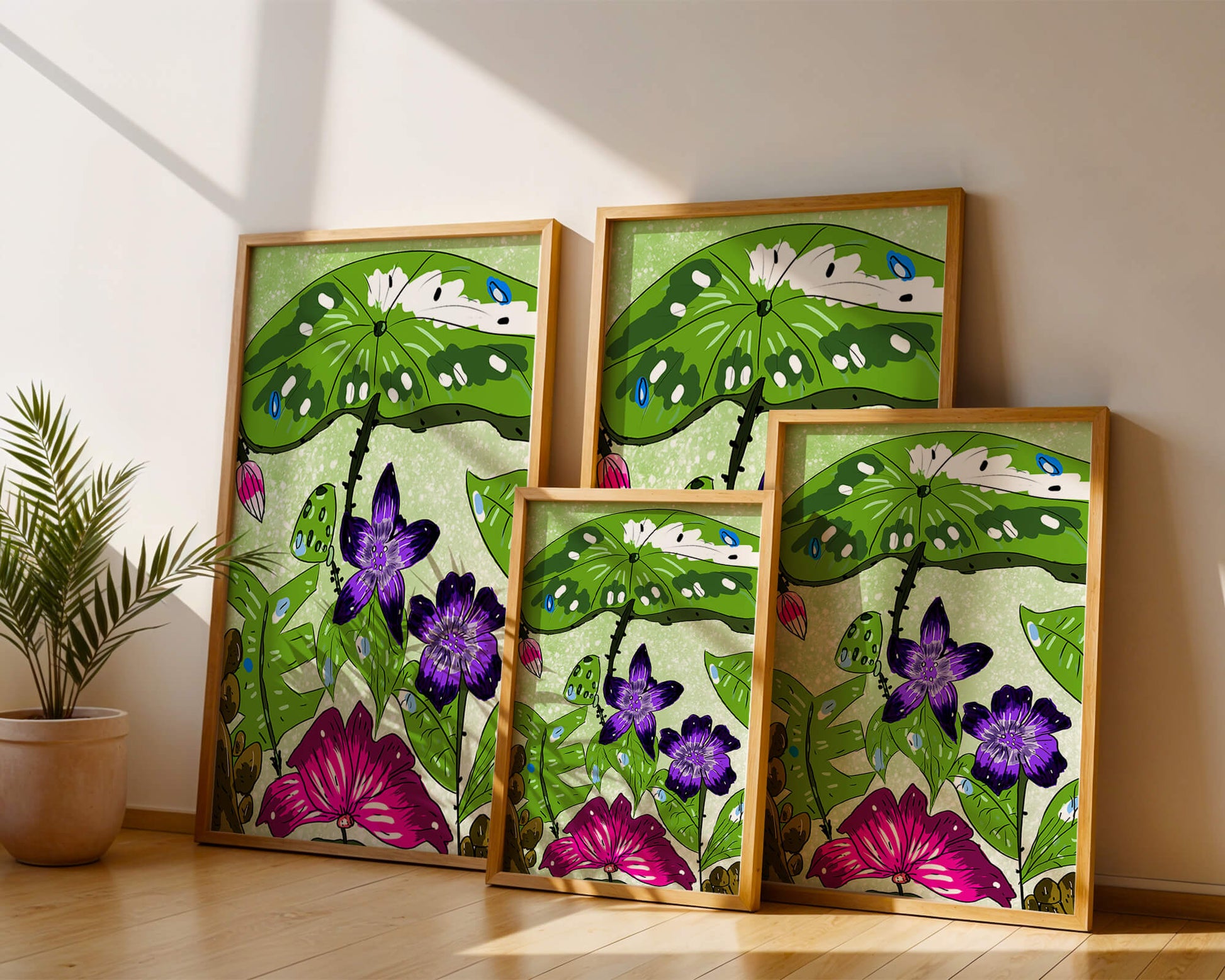 Bunte Blumenillustration mit exotischen Blumen und Blättern