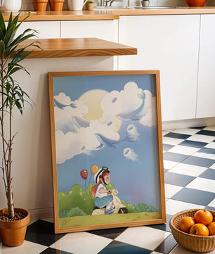 Whimsical illustration of a child riding a scooter with floating whales and balloons