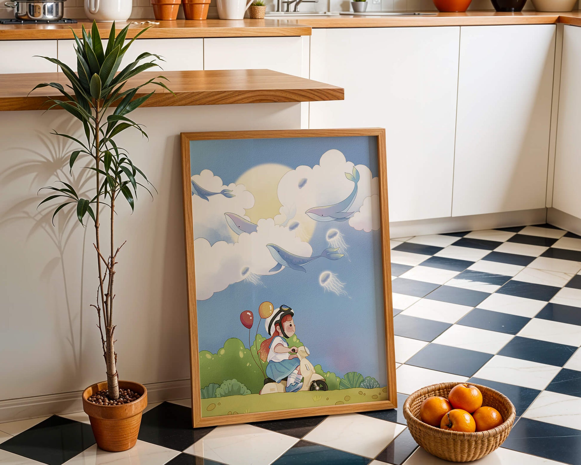 Whimsical illustration of a child riding a scooter with floating whales and balloons