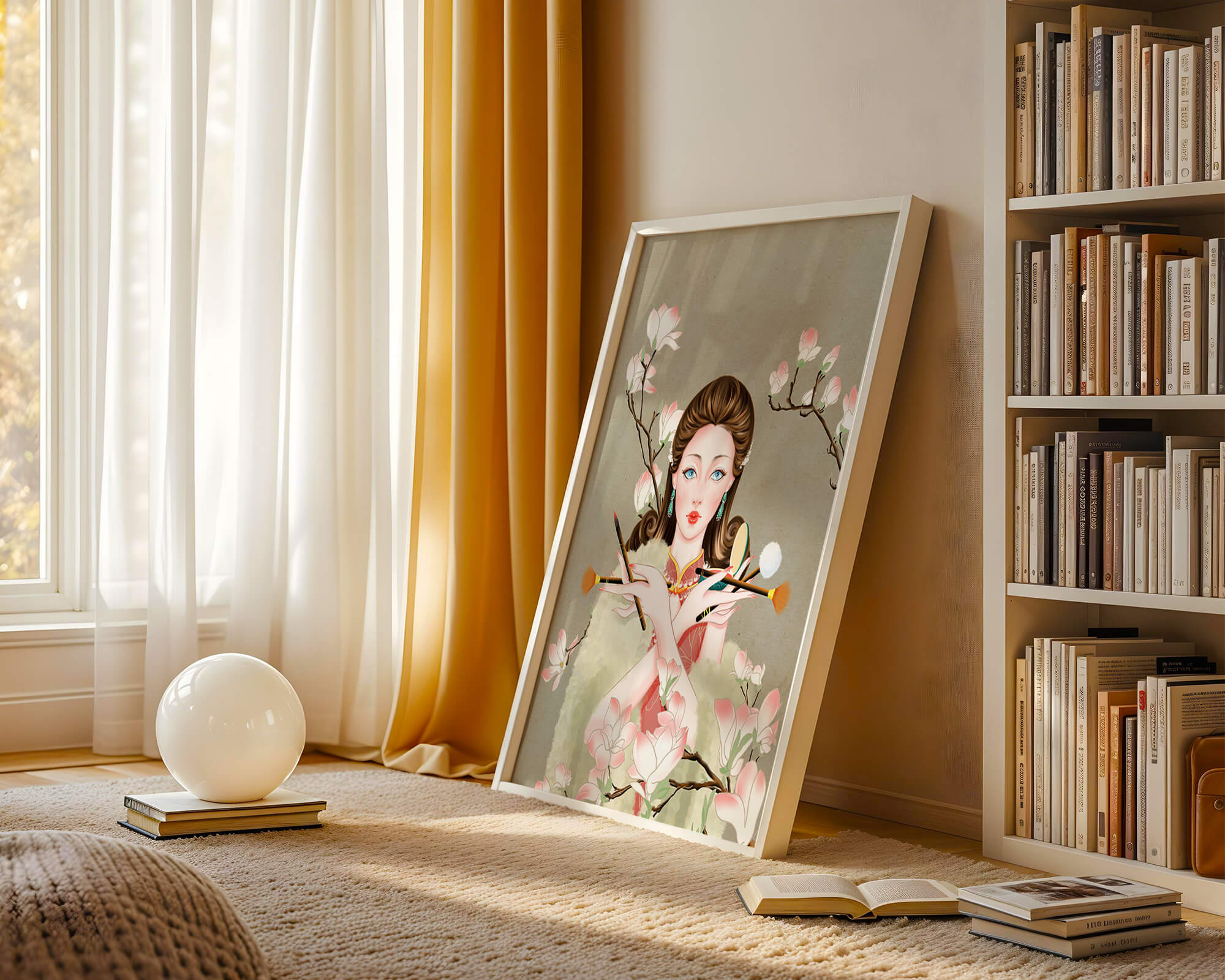 Elegant woman with makeup tools amidst blooming magnolia branches