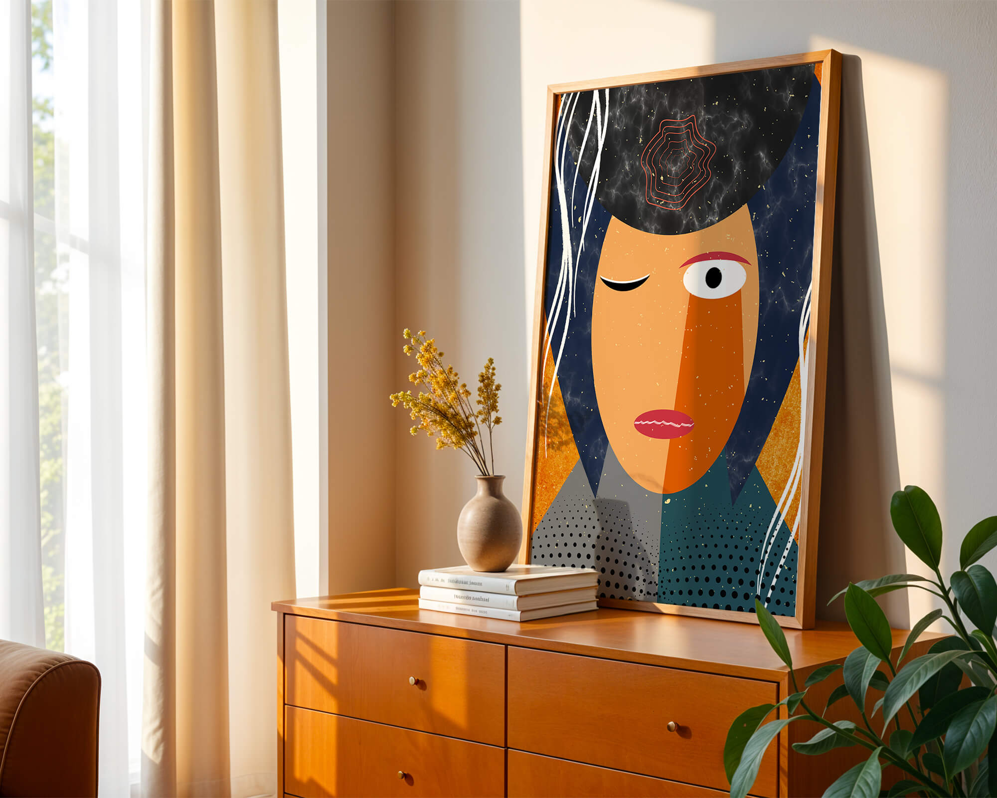 Abstract geometric portrait featuring vibrant colors and textures