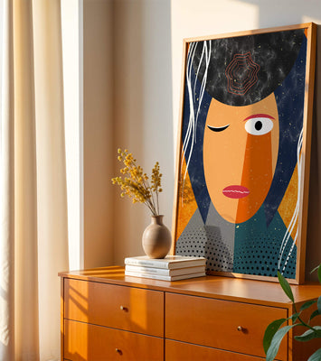 Abstract geometric portrait featuring vibrant colors and textures