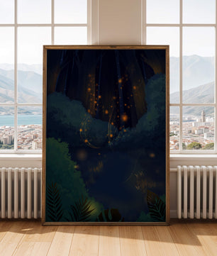 Enchanted night forest with glowing fireflies and dense foliage