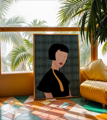 Elegant woman with short hair and golden earring on patterned background
