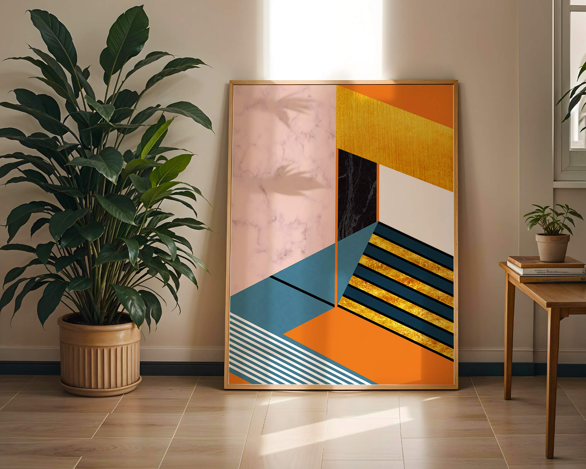Abstract geometric design with marble and gold textures