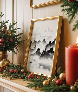 Peaceful mountain landscape with mist and rising sun