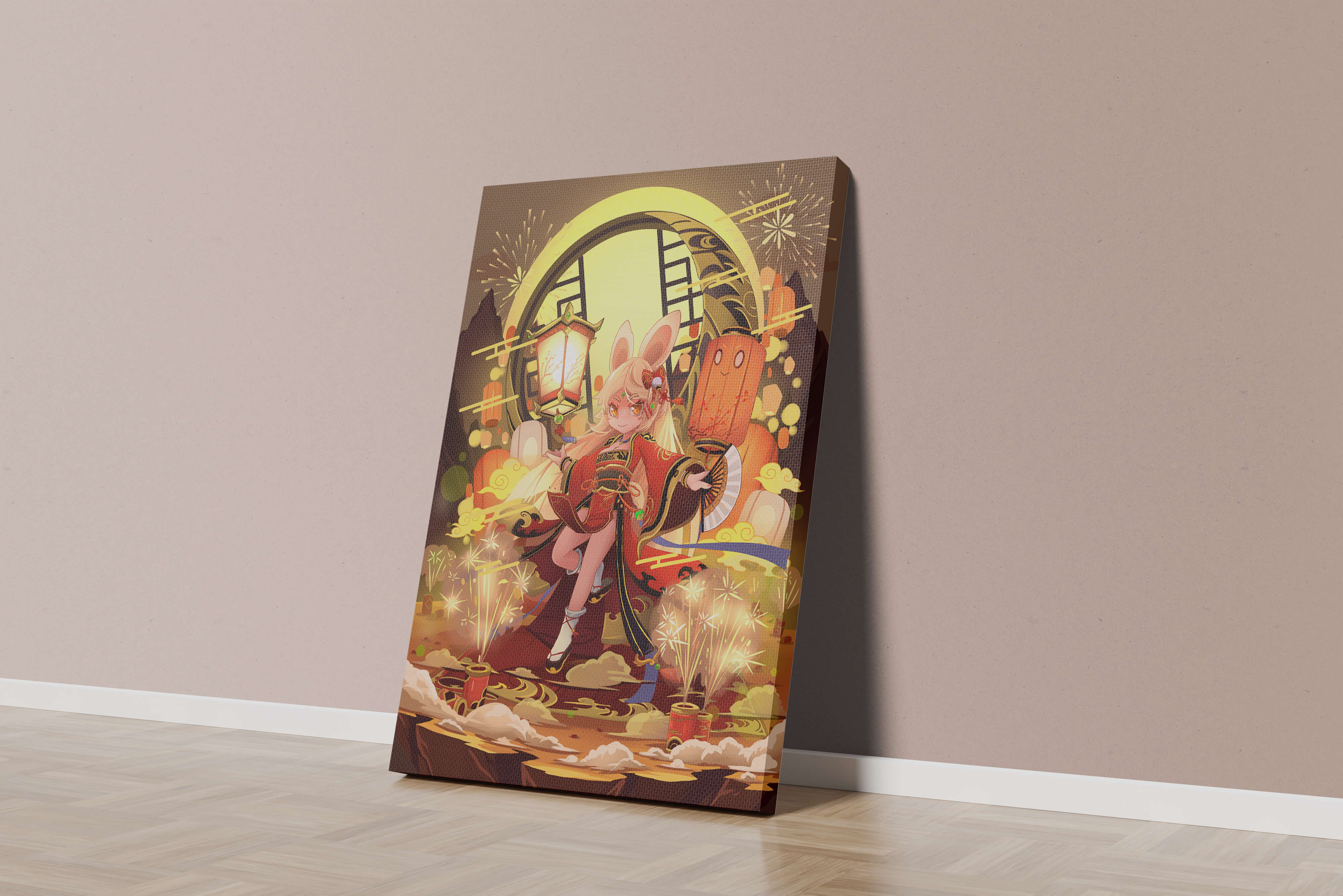 Festive celebration with a lantern-carrying character amidst fireworks and moonlight