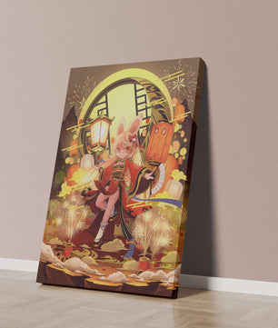 Festive celebration with a lantern-carrying character amidst fireworks and moonlight