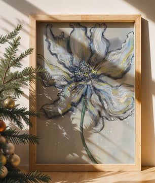 Elegant blue and green abstract floral artwork with flowing lines