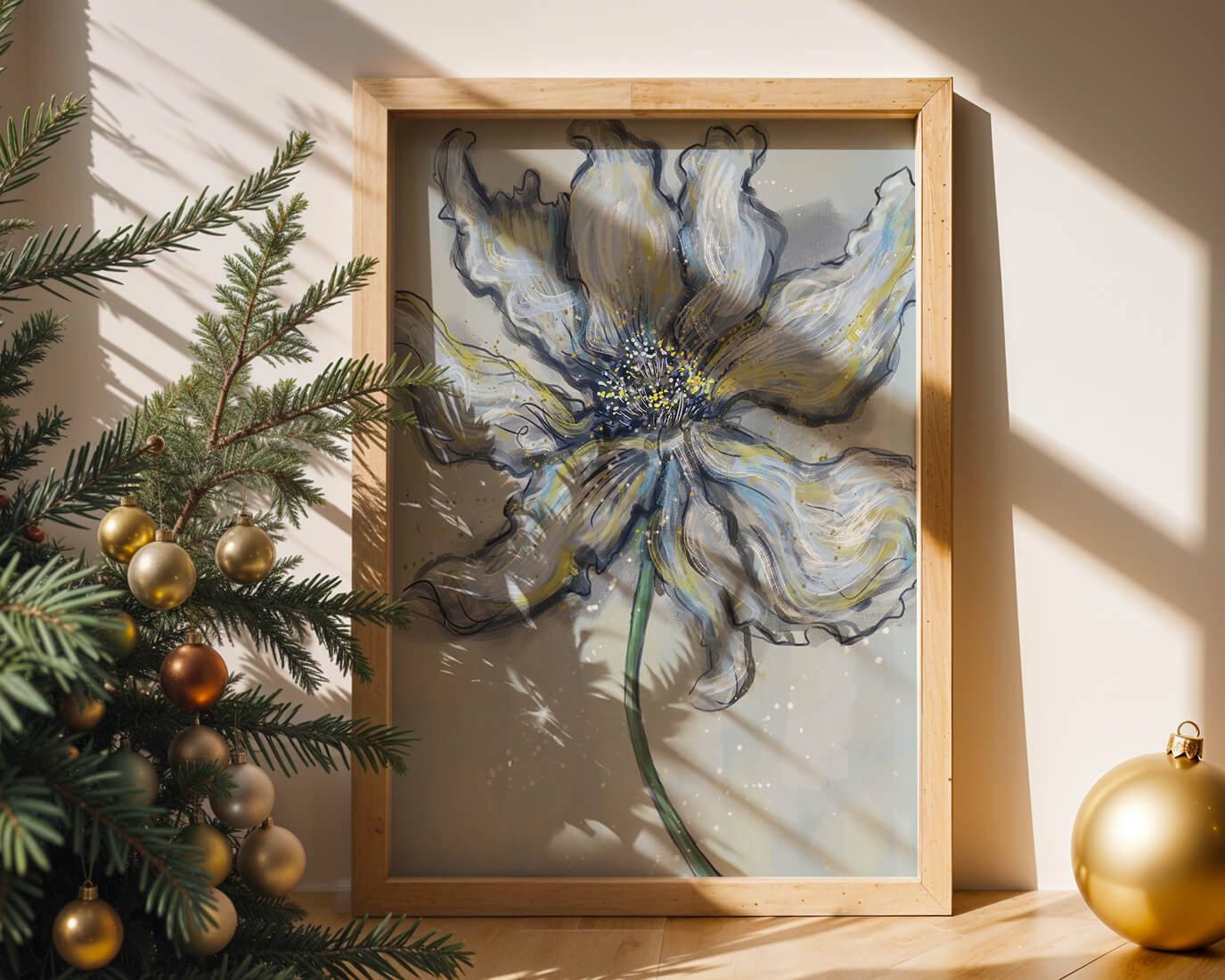 Elegant blue and green abstract floral artwork with flowing lines