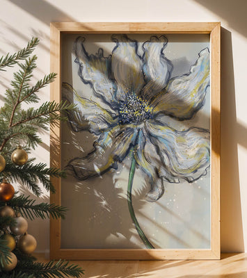 Elegant blue and green abstract floral artwork with flowing lines