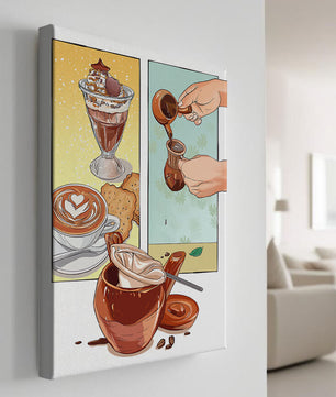 Ilustración artística de café y postre con detalles dorados