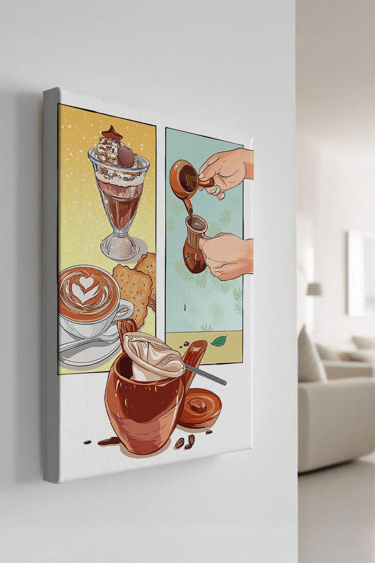 Ilustración artística de café y postre con detalles dorados