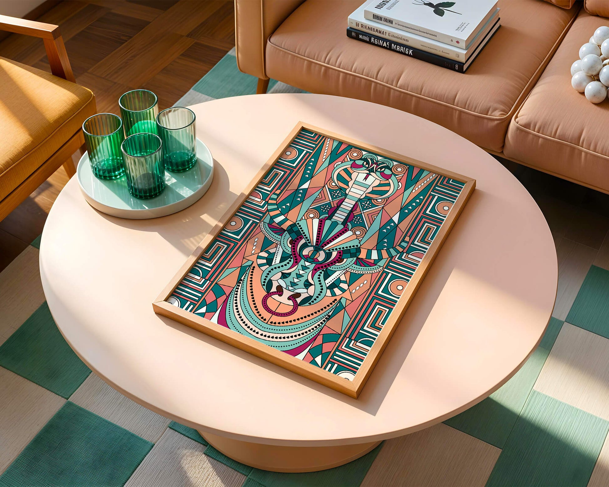 Arte tribal geométrico con motivos de serpiente y toro