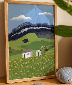 Peaceful Rural Landscape with Houses and Yellow Flowers under Blue Sky
