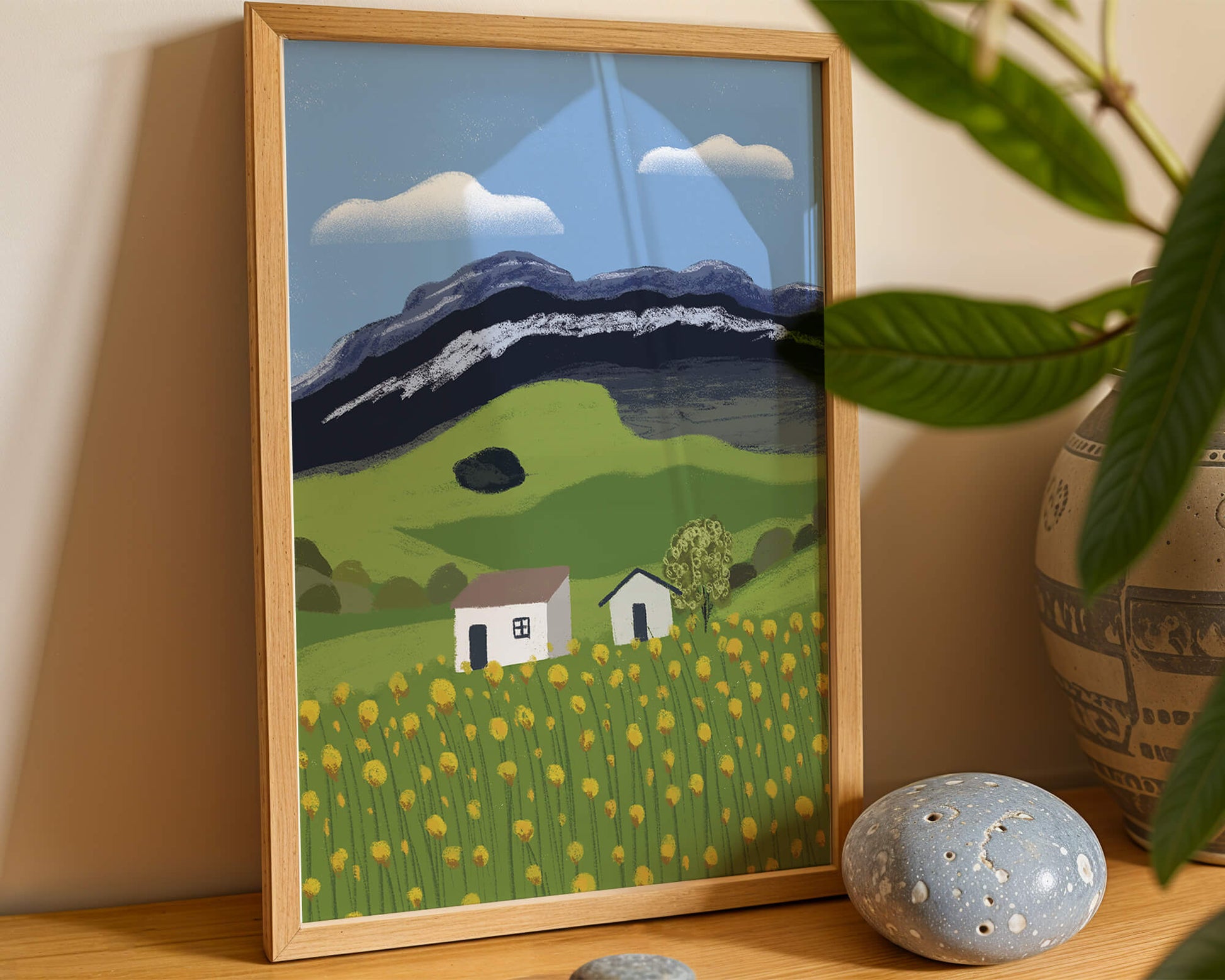 Peaceful Rural Landscape with Houses and Yellow Flowers under Blue Sky