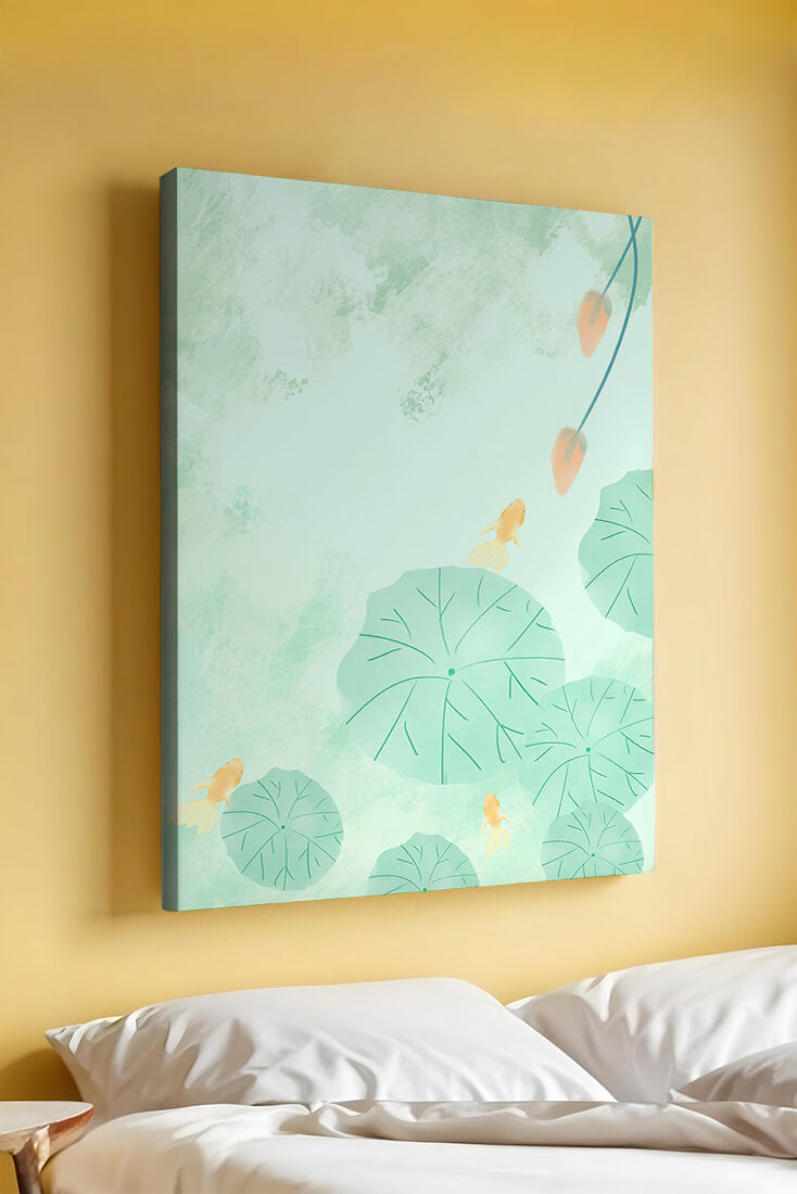 Serene Pond Scene with Goldfish and Lotus Leaves
