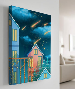 Winter Night Scene with Falling Meteors and Snow-Covered Houses