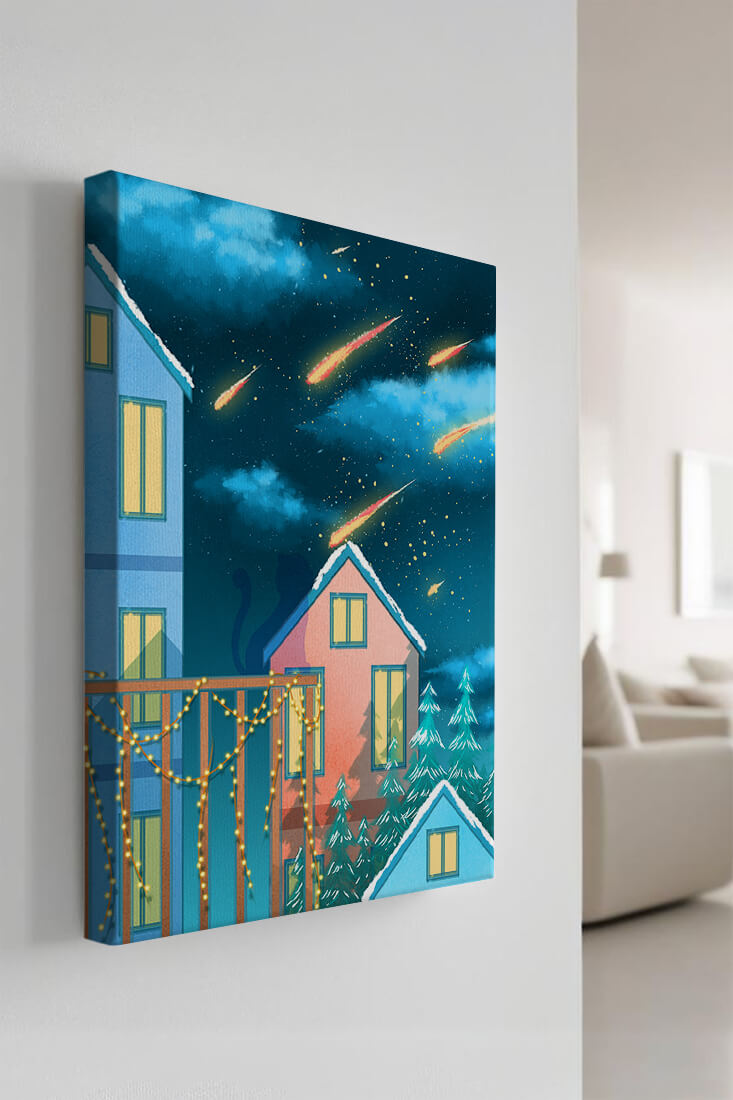 Winter Night Scene with Falling Meteors and Snow-Covered Houses