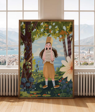 Whimsical Illustration of a Girl in Nature with Golden Hat