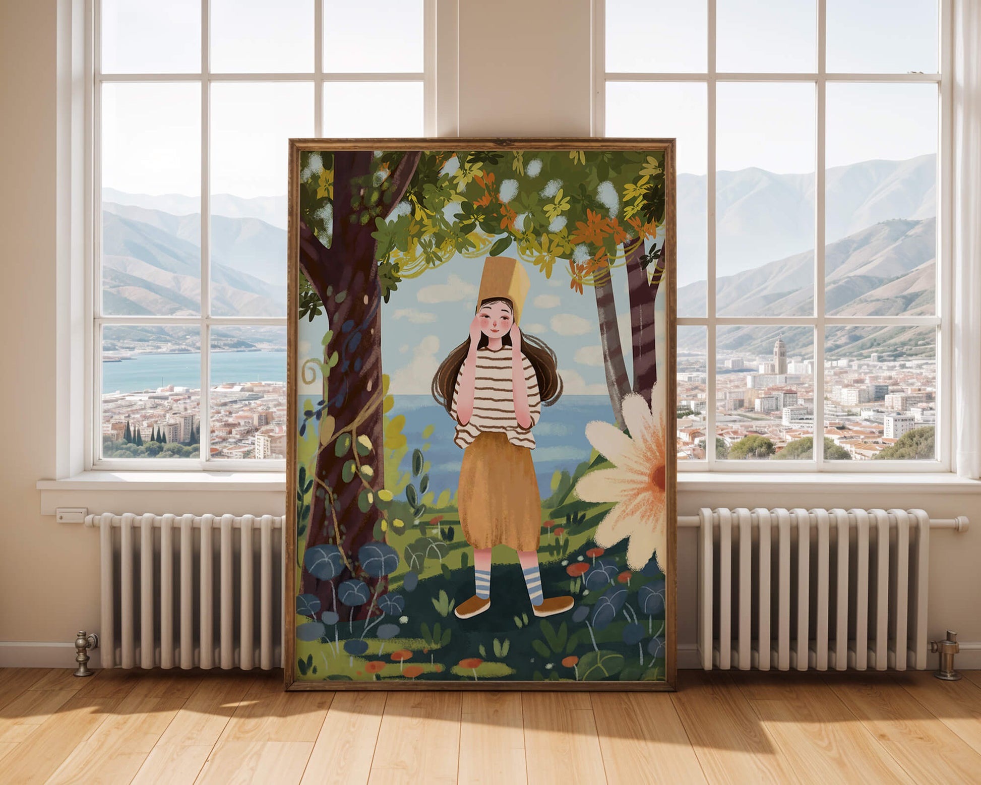 Whimsical Illustration of a Girl in Nature with Golden Hat